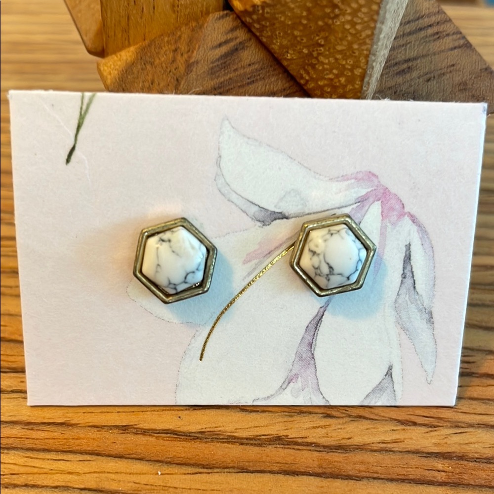 Hexagon White Faux Marble and Gold Stud Earrings